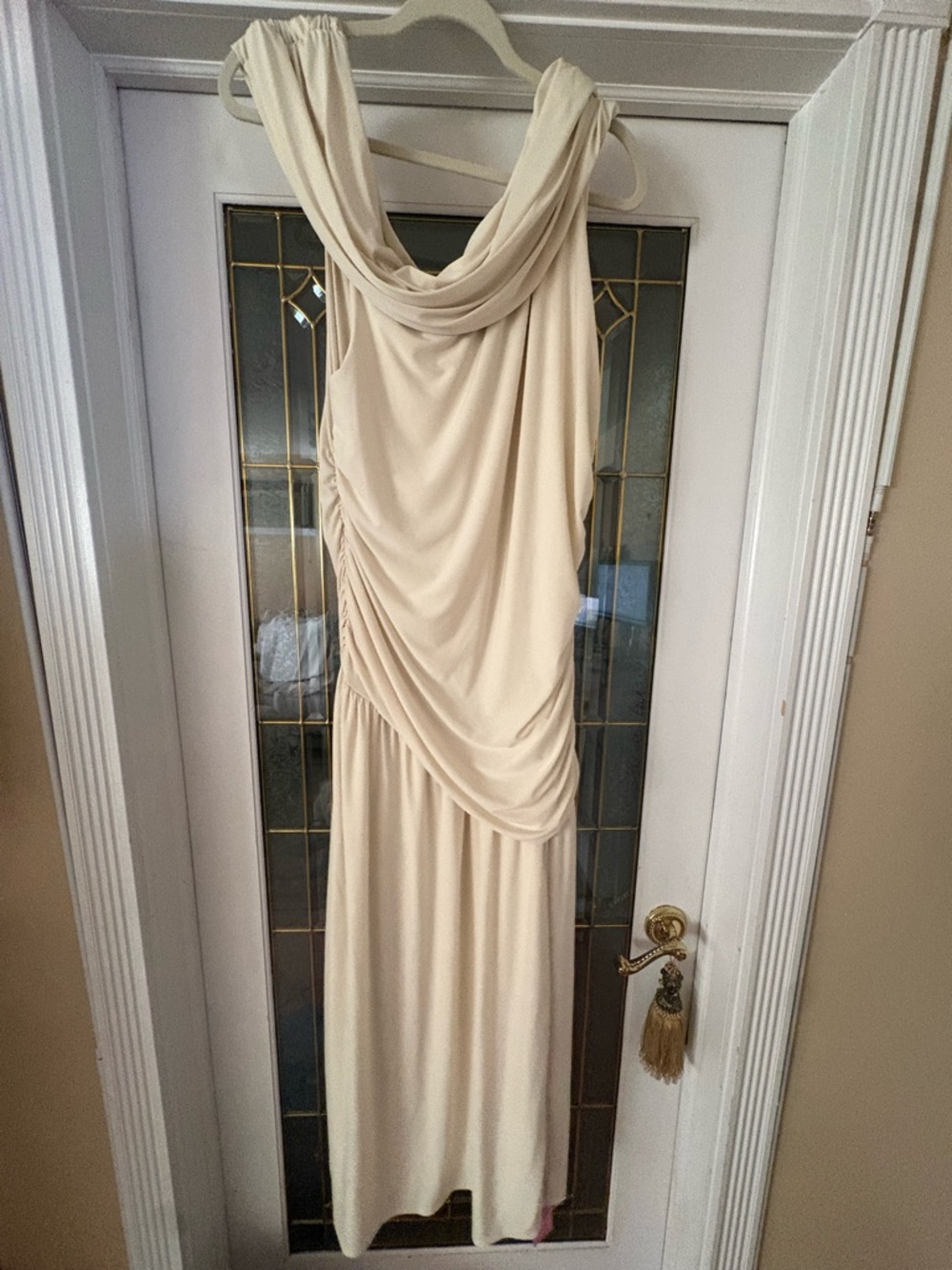 PrettyLittleThing Cream One-Shoulder Draped Maxi Dress
